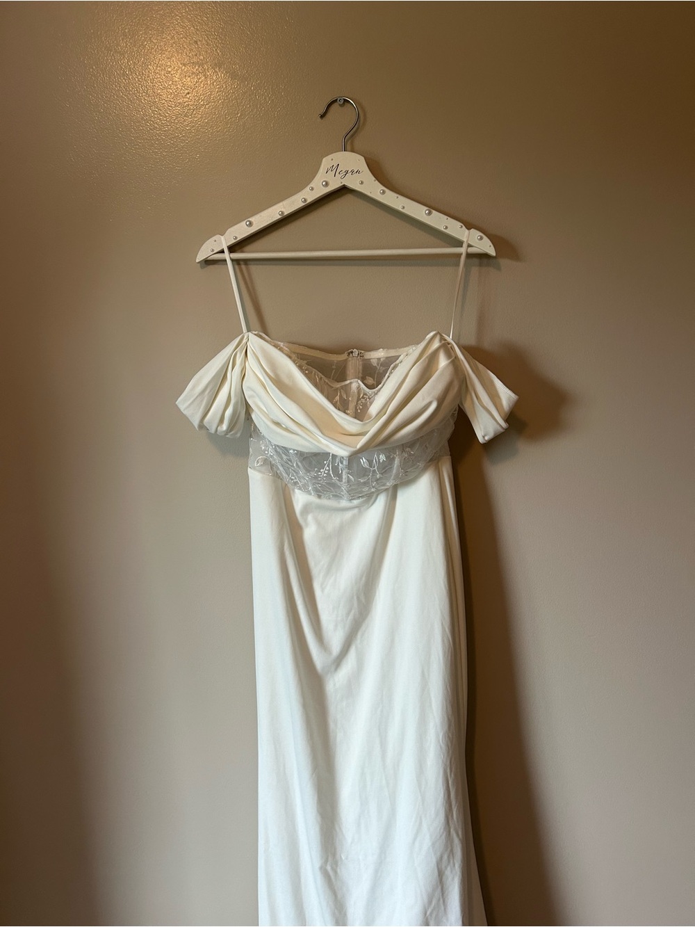 SHEIN Cream Off-Shoulder Lace Detail Wedding Gown